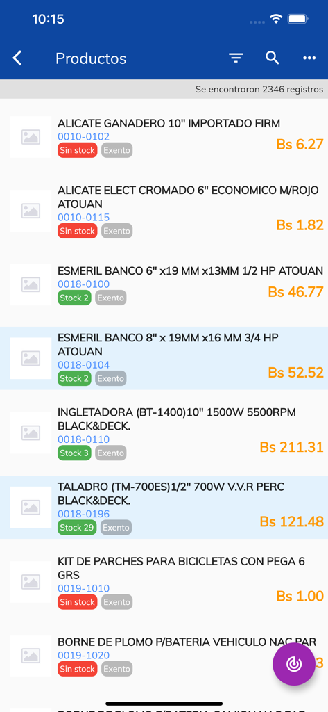 TecnoVentas - Pantalla de la aplicación TecnoVentas que muestra un catálogo de productos digital con stock de inventario y precios