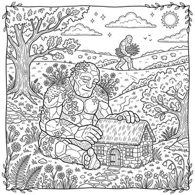 Immerse yourself in a whimsical world where majestic stone giants live harmoniously within a serene cottagecore landscape. This charming coloring page invites you to add vibrant hues to a scene of gentle giants tending to their rustic abode amidst flourishing nature.