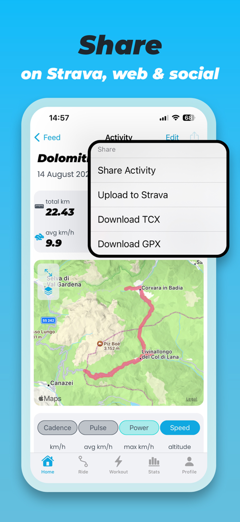 Relevateアプリのスクリーンショットが、ドロミテの地図上でStravaへのアップロードやGPXダウンロードを含むサイクリングデータの共有オプションを示しています。