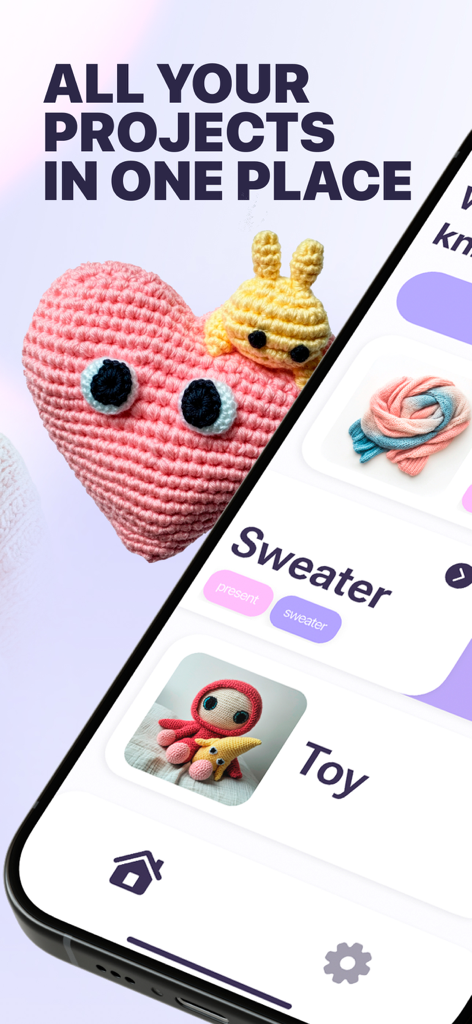 Knit It: Rows & Stitch Counter - Mobile app screen showing a library of knitting and crochet projects with photos of a handmade heart scarf and toy