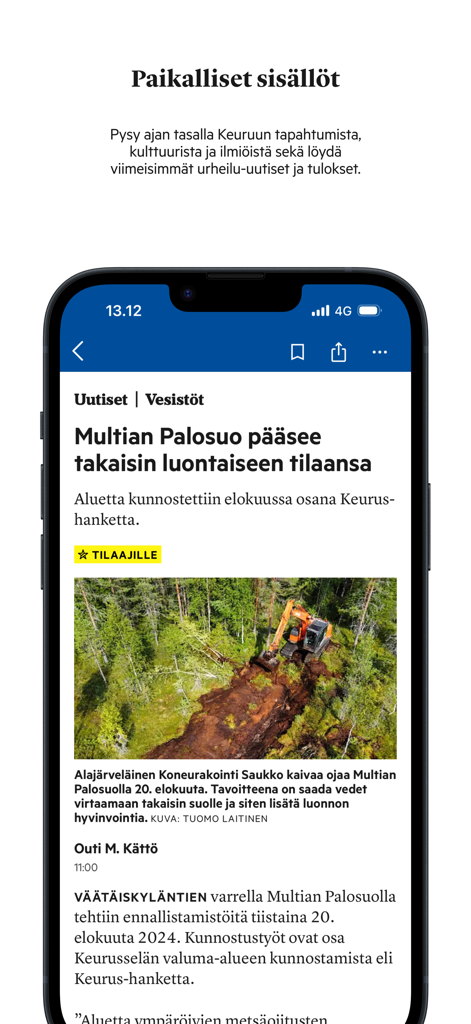 Suur-Keuruu - Suur-Keuruu mobile app screen showing a Finnish local news article about nature restoration with an excavator image.