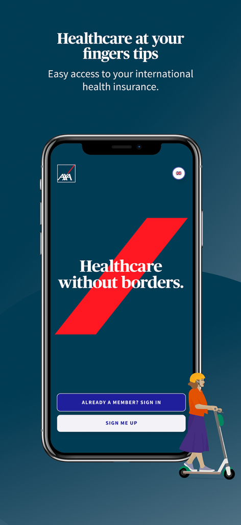 AXA Global Healthcare app welcome screen featuring the tagline Healthcare without borders and member sign in options.