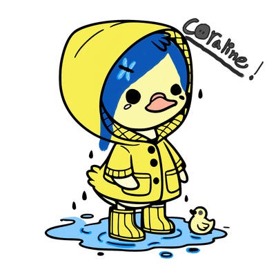 baby duck in a rain coat and boots, in a puddle while it’s raining