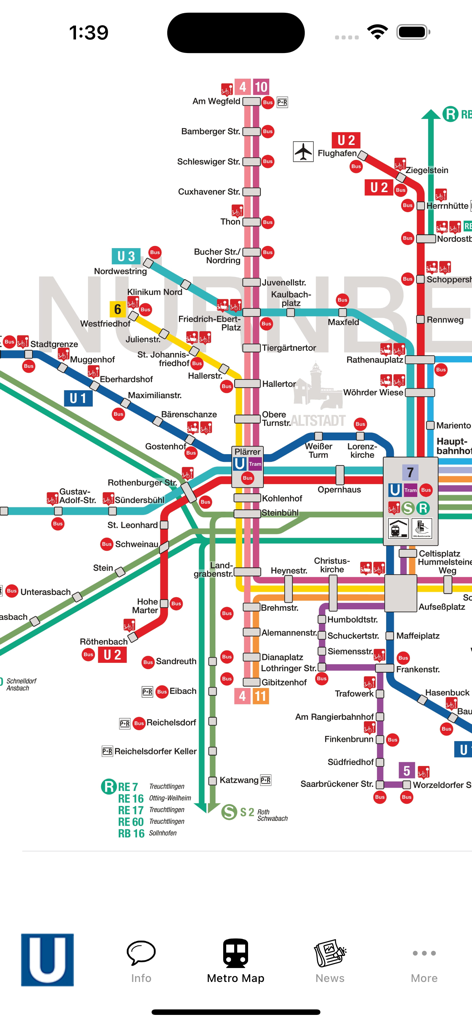 Nuremberg Subway Map - Eine detaillierte Karte des Nürnberger U-Bahn-Systems mit verschiedenen Linien und Stationsnamen