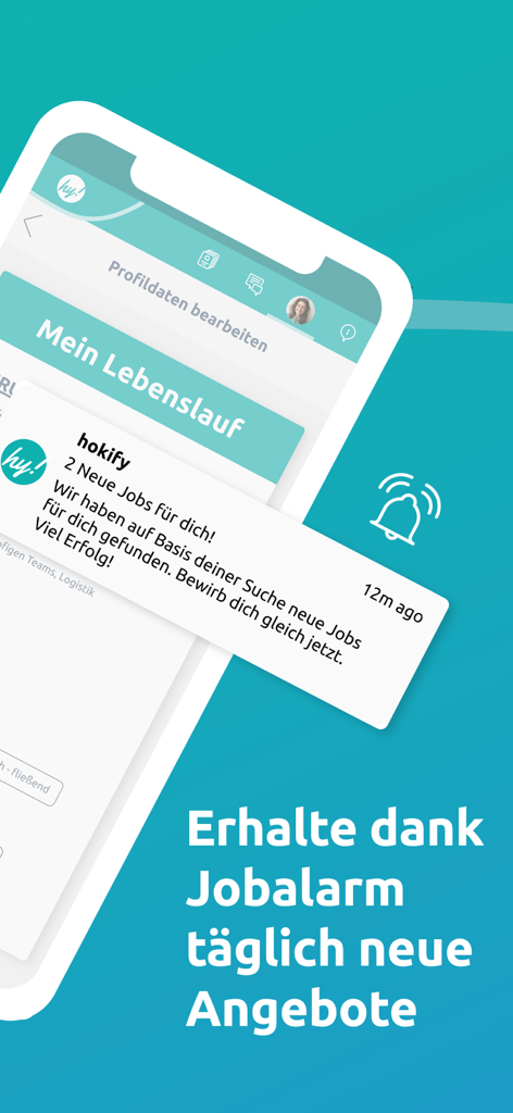 hokify - Jobsuche & Bewerbung - Interfaz de la aplicación hokify que muestra una notificación push para nuevas alertas de empleo diarias en un smartphone