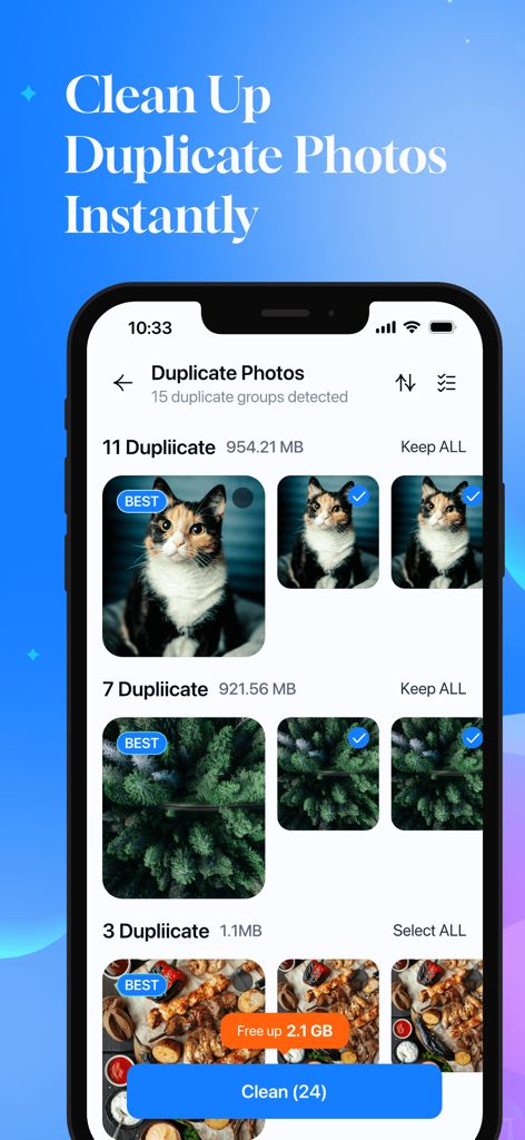 Interfaz que muestra fotos duplicadas de un gato y un bosque siendo limpiadas para liberar almacenamiento