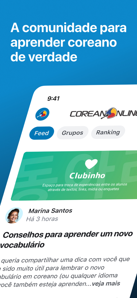 Coreano Online - Interface do aplicativo Coreano Online exibindo um feed social da comunidade com dicas de aprendizado e interações de alunos.