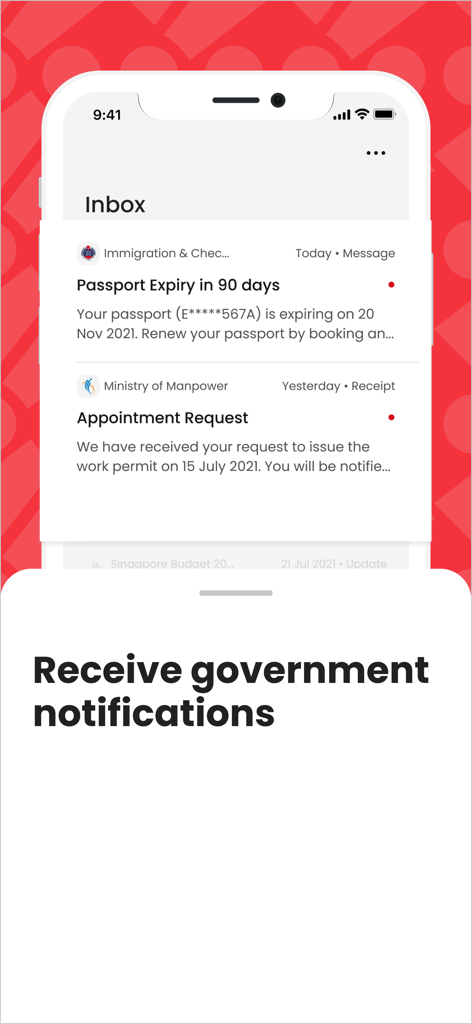 Singpass - Singpass app inbox screen displaying official government notifications such as passport expiry alerts and appointment requests.