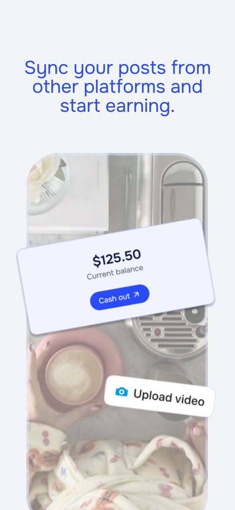 Reco Social app screen showing a cash balance and options to sync posts to start earning rewards