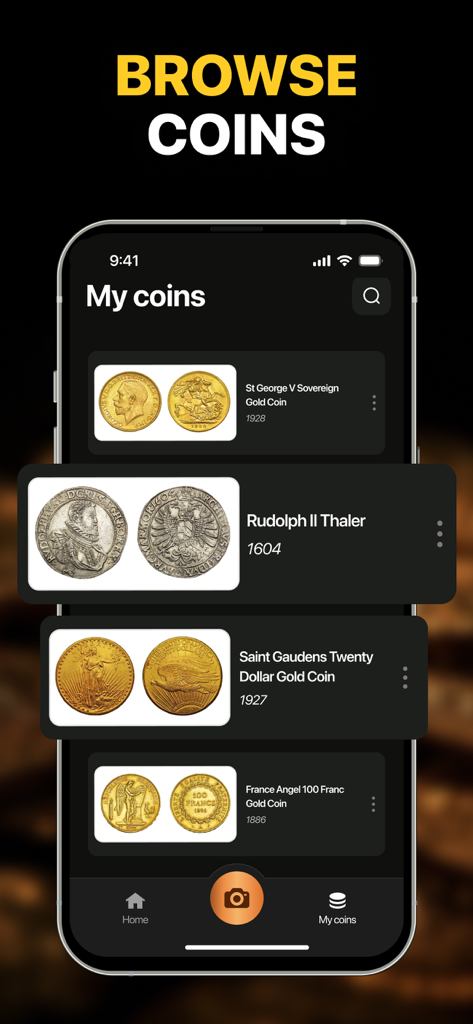 AI Coin identifier - A smartphone display showing a digital collection of identified gold and silver coins within the AI Coin Identifier app
