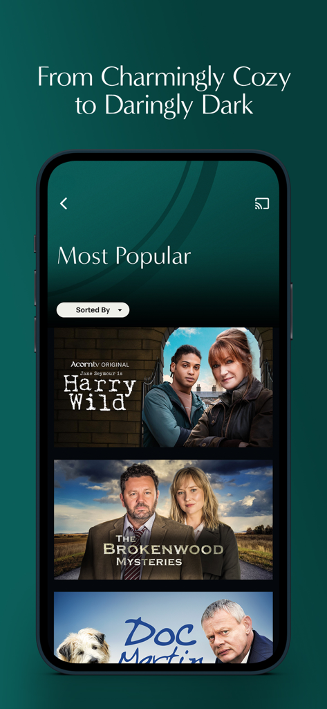 Acorn TV Mobile App-Oberfläche mit einer Liste beliebter Krimiserien wie Harry Wild und The Brokenwood Mysteries.