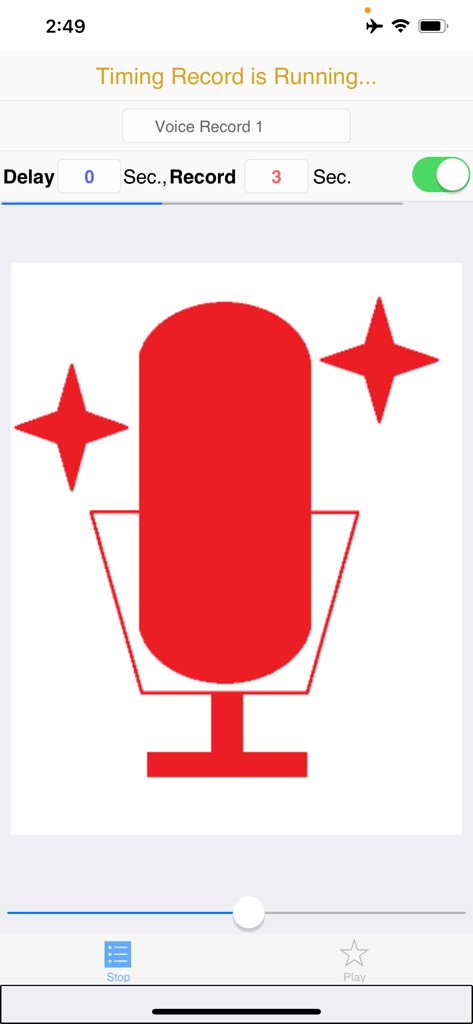 Timing Voice Recorder - Timing Voice Recorder app interface showing an active recording with a large red microphone icon and duration settings