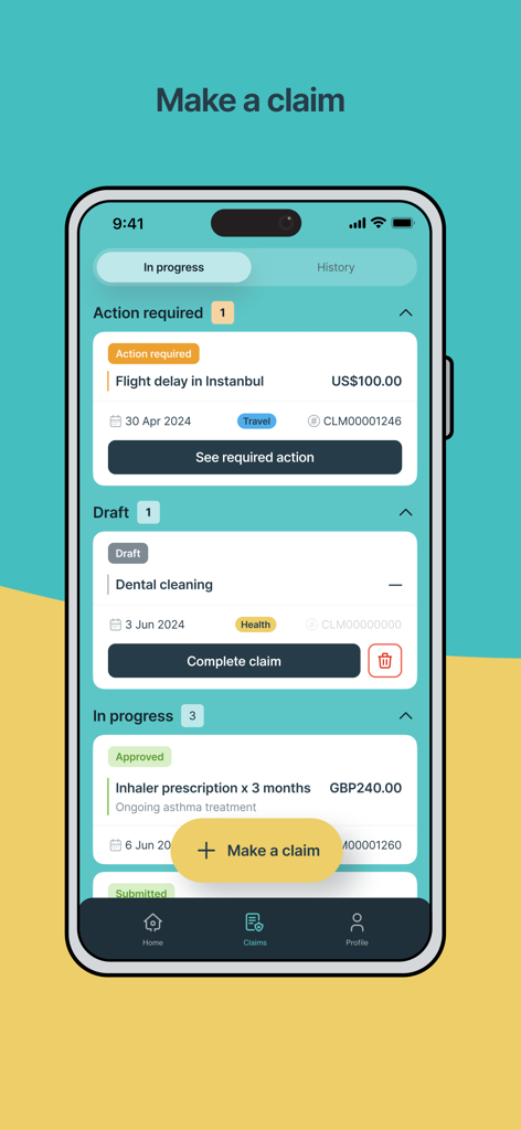 SafetyWing - Mobile screen of the SafetyWing app displaying various insurance claims and their status like action required, draft, and in progress.