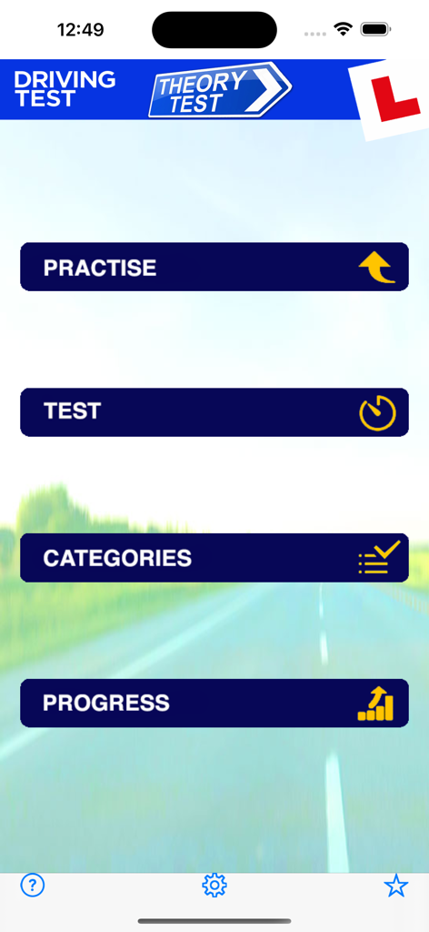 Main menu of the Driving Theory Test 2025 app for UK learners featuring practice and mock test options