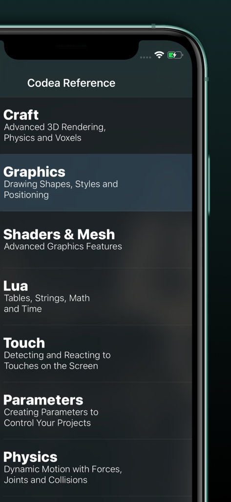 Codea - Una pantalla móvil que muestra la guía de referencia de la aplicación Codea con temas que incluyen Gráficos Artesanales, Lua y Física