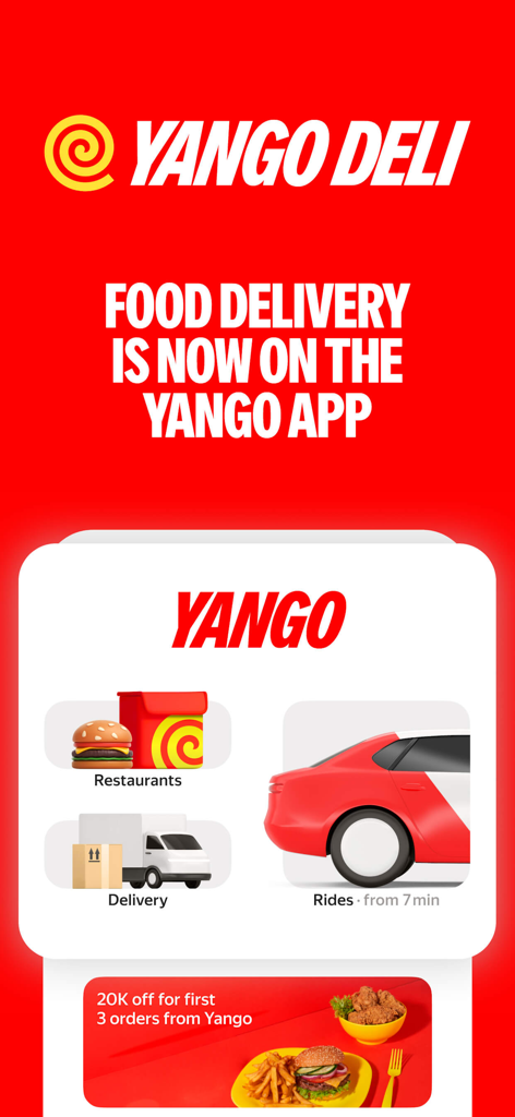 Yango Deli: food delivery - A screenshot of the Yango Deli app featuring restaurant delivery and ride services with a promotional discount.