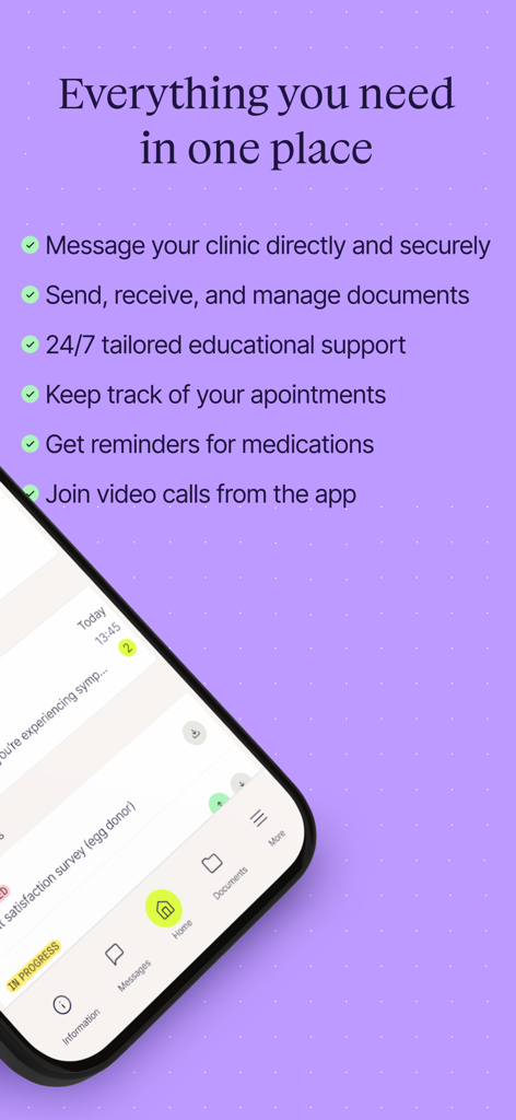 Salve - Overview of Salve app features for managing fertility treatments including clinic messaging and medication reminders