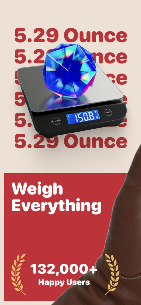 TouchScale: Scale For Grams - Digital scale interface weighing a blue gem with text stating weigh everything and over 132,000 happy users
