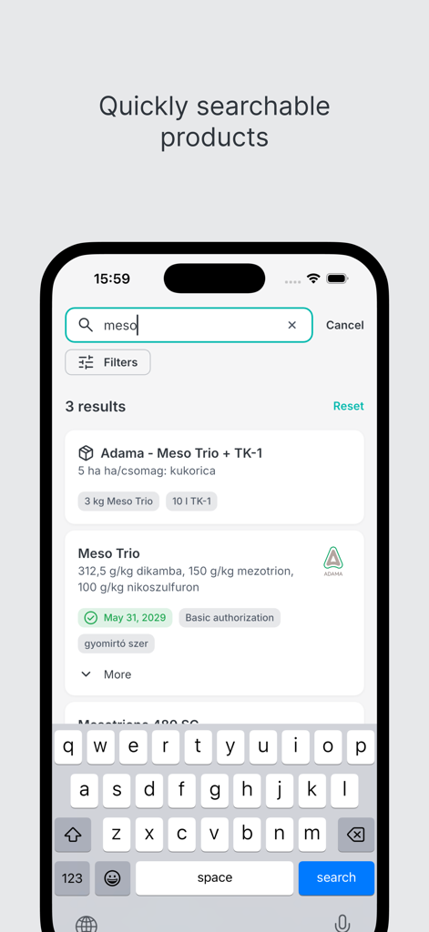 Tela de resultados de pesquisa do aplicativo móvel Agromedium mostrando informações e filtros de produtos agrícolas