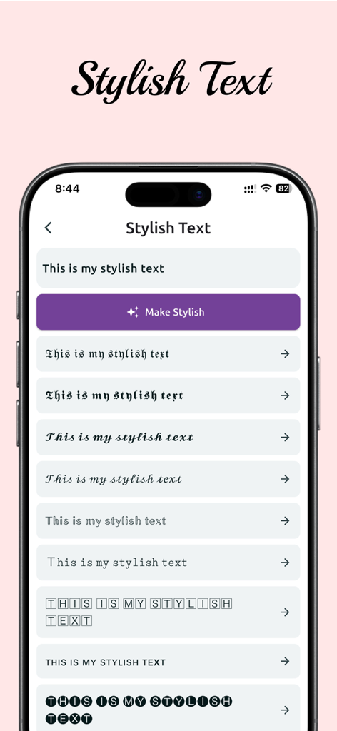 Nickname generator, Name style - Interface of the Nickname Generator app displaying various stylish font options for the text This is my stylish text.