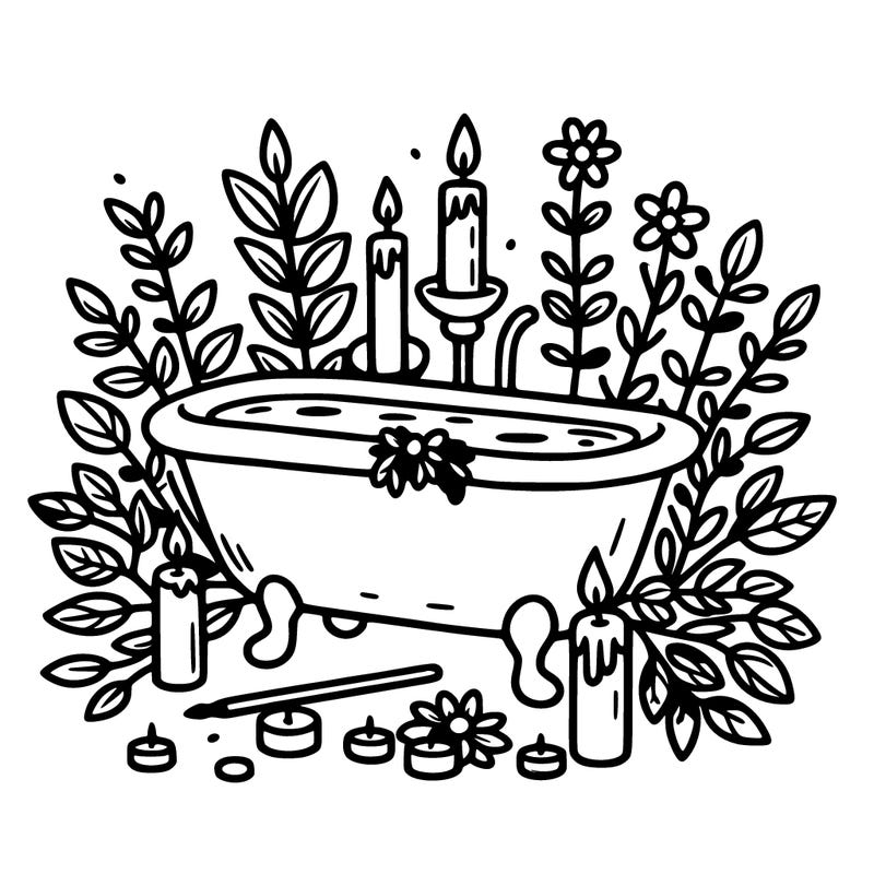 a clip art  bathtub with stem all around it and candles with plants and flowers