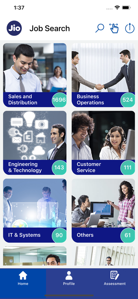 Jio Careers app interface showing job categories including Sales, Engineering, and IT with open position counts.