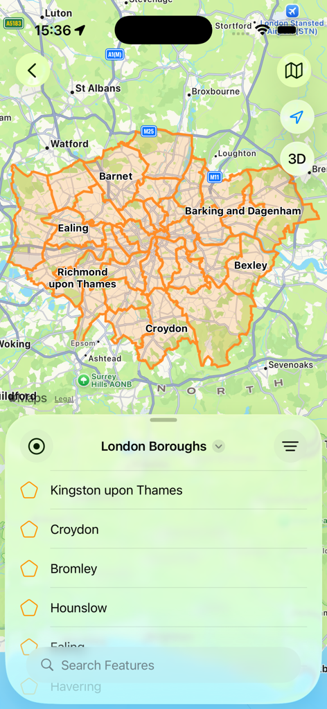 Geodata Map Viewer - Geodata Map Viewer mostrando los límites de los distritos de Londres con una lista de características buscables de un archivo GeoJSON
