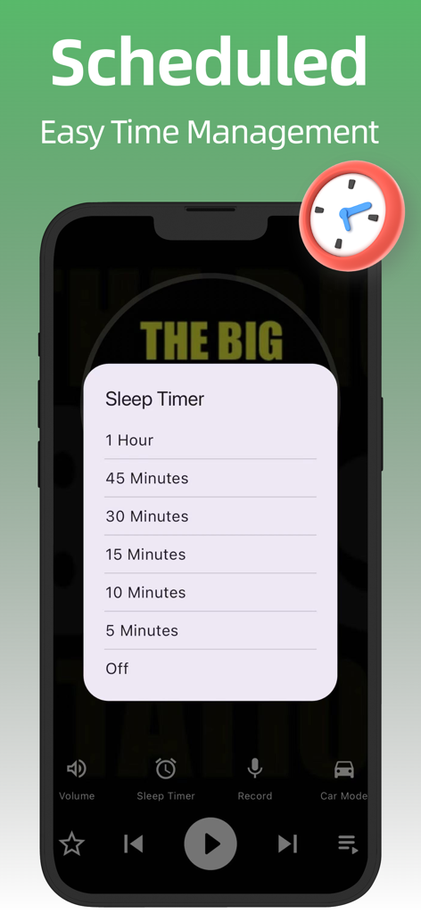 A mobile interface for the Radio FM app showing the sleep timer options for scheduled listening.