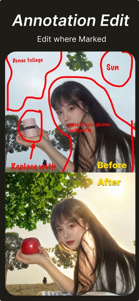 Fotee - 视频转照片高清截图实况截取视频抽帧截图 - Before and after comparison of an AI photo edit using annotations to replace objects and enhance background lighting.