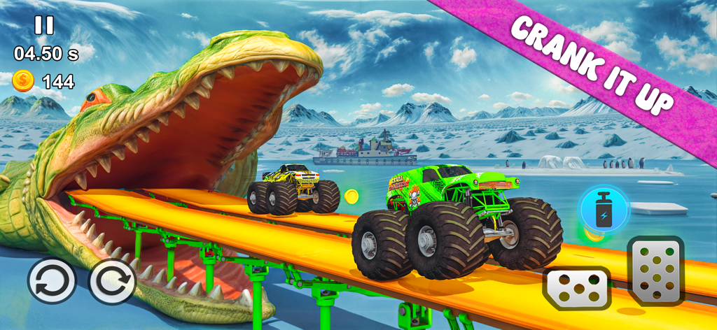 Monster Truck+ : Race Off Ramp - Two monster trucks racing on a yellow ramp through a giant crocodile mouth in an arctic landscape.