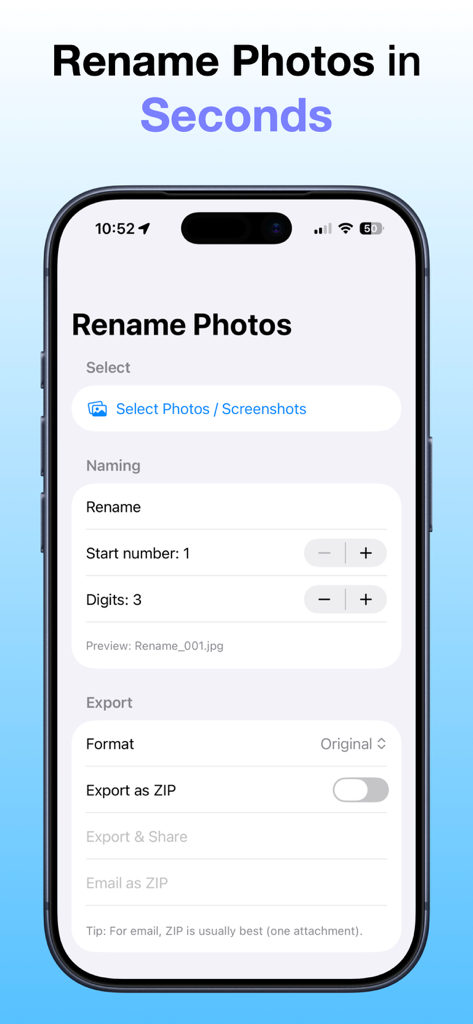 iPhoneで写真の名前を一括変更し、画像をエクスポートするオプションが表示されている、写真の名前を一括変更アプリのインターフェイスのスクリーンショット。