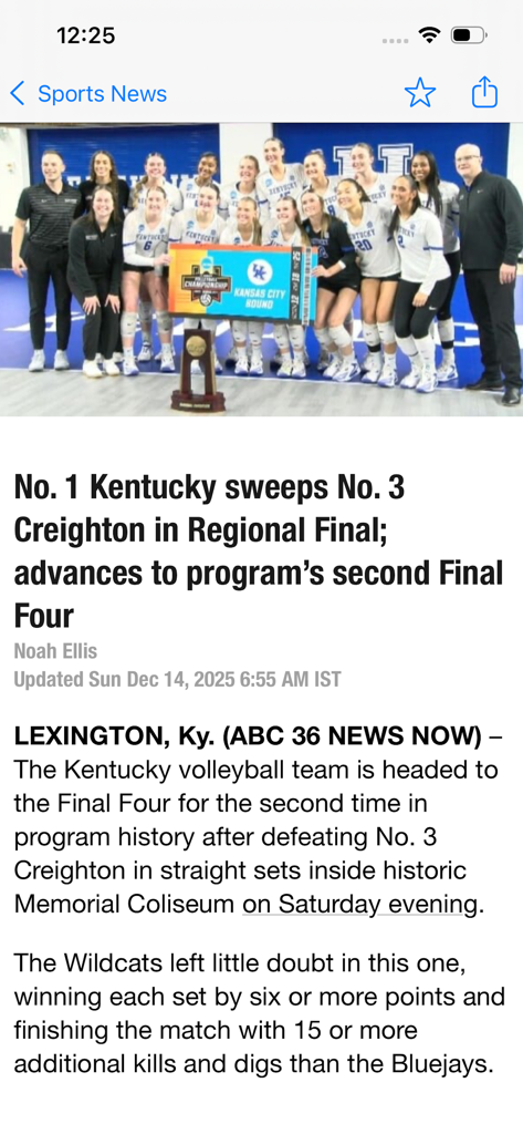 ABC36 - Captura de pantalla de la aplicación de noticias ABC36 con un artículo deportivo sobre la victoria del equipo de voleibol de Kentucky en la Final Regional