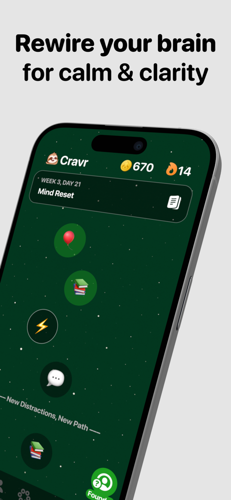 Cravr: Craving Companion - Un smartphone que muestra la interfaz de la aplicación Cravr con un camino de progreso guiado para el bienestar mental y una racha de 14 días.