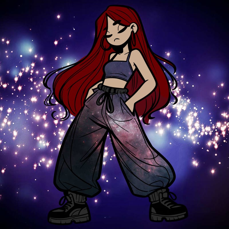 girl in baggy pants crop top and long hair