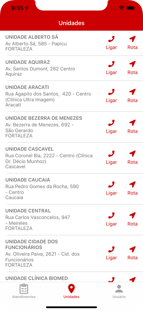 Laboratório Clementino Fraga - Tela do aplicativo mostrando uma lista de unidades de serviço de laboratório com endereço, contato e opções de navegação