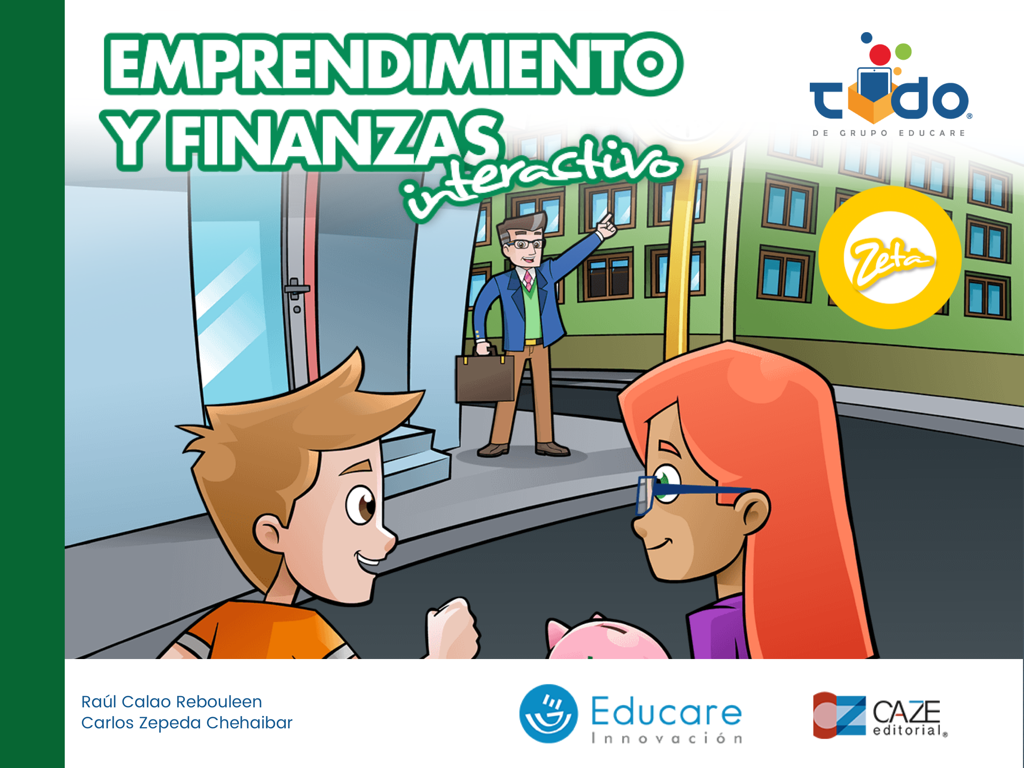 Pantalla de lección interactiva de emprendimiento y finanzas de la aplicación educativa Nimbus 2.0 que muestra estudiantes de dibujos animados y un profesional en un entorno urbano.