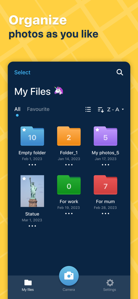 Mobile app interface showing organized and color coded photo folders for documentation management