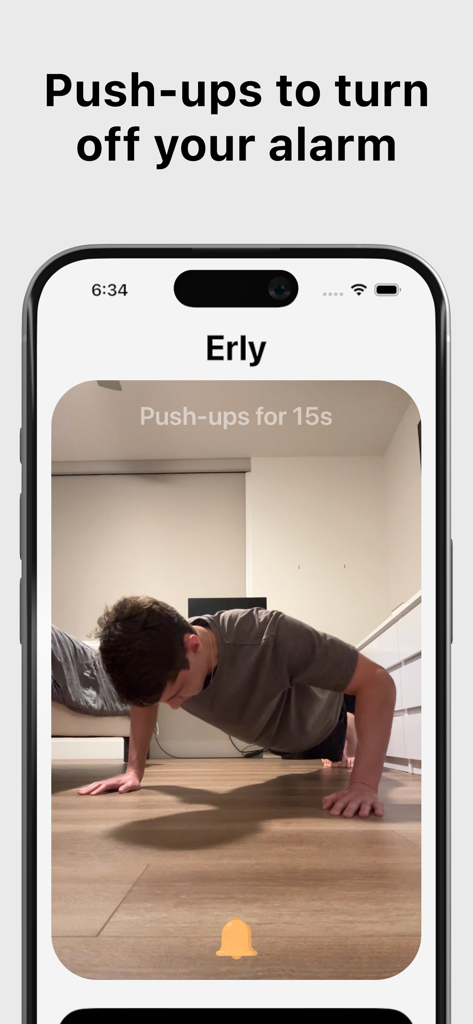 A user performing push-ups as a morning mission to disable the Erly alarm clock.