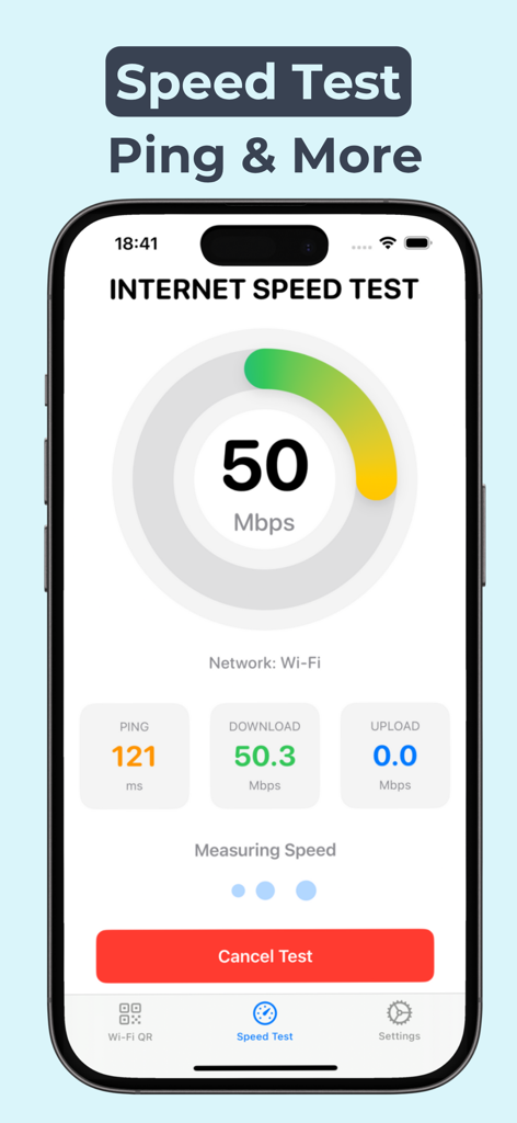 WiFily mobile app interface for testing internet connection speed and ping latency