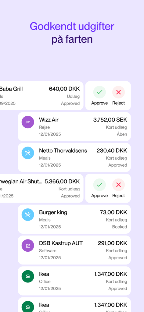 Zenegy Expense mobile app interface showing a list of business expenses with options to approve or reject