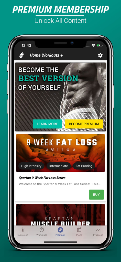 Spartan Home Workouts - Pro - Teléfono inteligente que muestra la pantalla de membresía premium de la aplicación Entrenamientos en Casa Spartan con planes de pérdida de grasa y desarrollo muscular