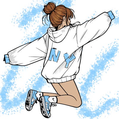 realistic girl jumping with a bun and oversized sweatshirt