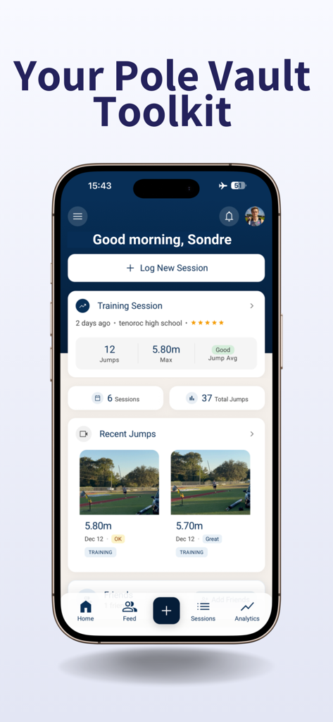 Vault: Pole Vault Tracker - Home dashboard of the Vault app showing training session statistics and recent pole vault jump entries with video thumbnails