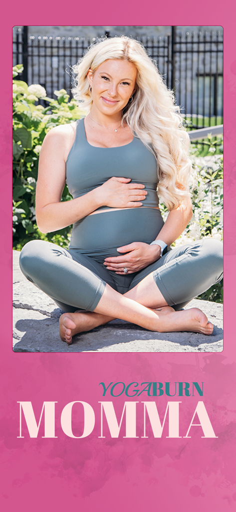 Yoga Burn App - A pregnant woman sitting in a cross-legged yoga pose outdoors for the Yoga Burn Momma program.