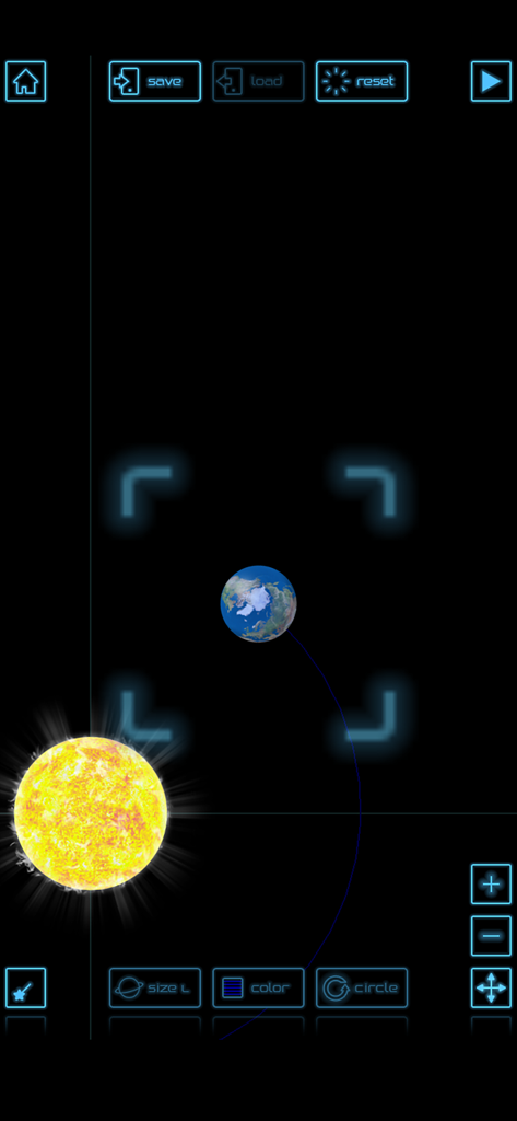 Gameplay de simulação de planetas mostrando um planeta a orbitar um sol com elementos de UI de física de gravidade.