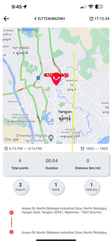 Royal Express Transport - Pantalla de resumen del viaje en la aplicación Royal Express Transport que muestra un mapa con puntos de control y puntos de entrega