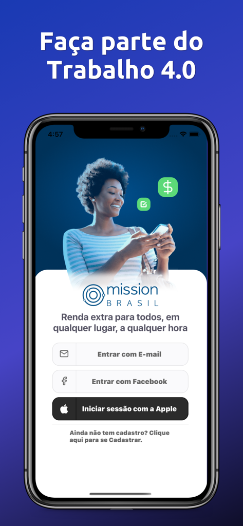 Mission Brasil mobile app login screen featuring options to sign in with email, Facebook, or Apple for gig work