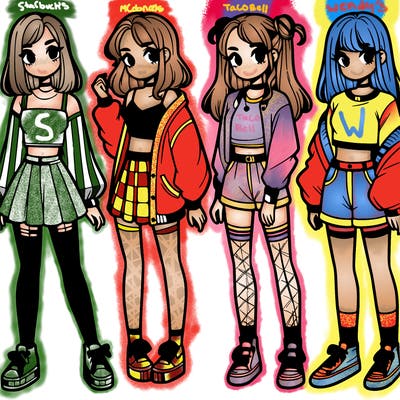 one girl with crop-top shirt and a jacket with a skirt, long socks and another girl with a shirt and pants with a jacket