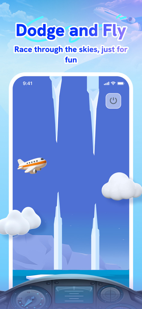 Fyla: Fly, Chat & Play - Pantalla de juego del minijuego Plane Dodger en la app Fyla con un avión de dibujos animados esquivando obstáculos en el cielo.