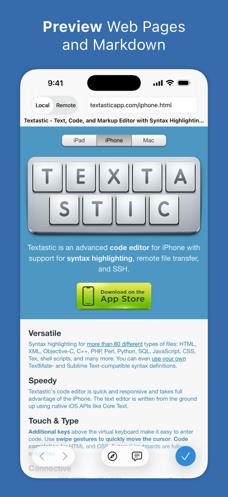 Interfaz de la aplicación Textastic que muestra páginas web y vista previa de markdown en un iPhone
